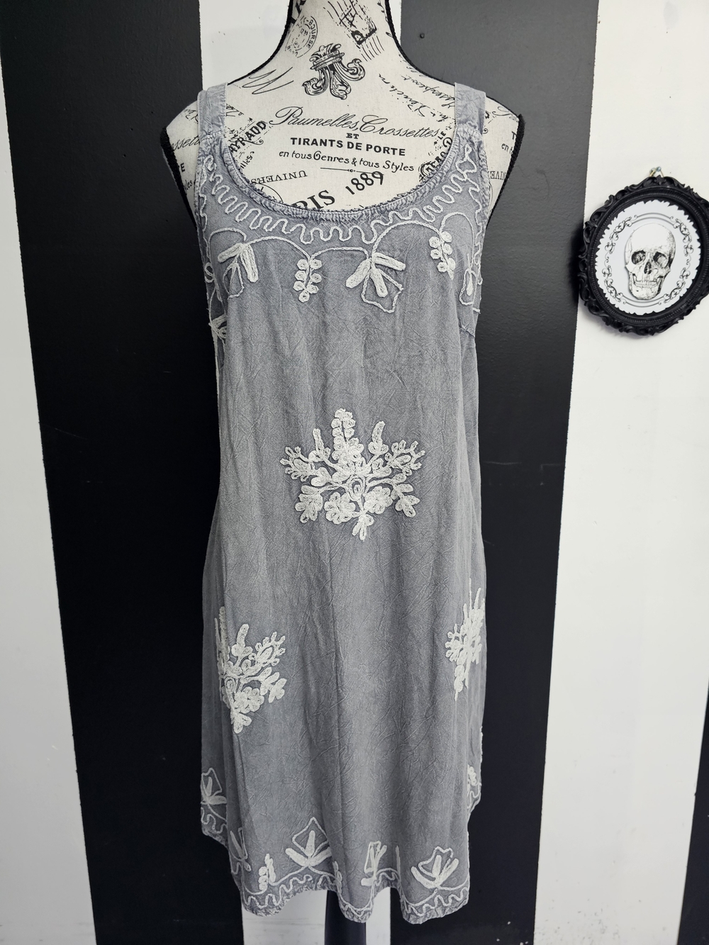 Gray Sleeveless Embroidered Mini Dress